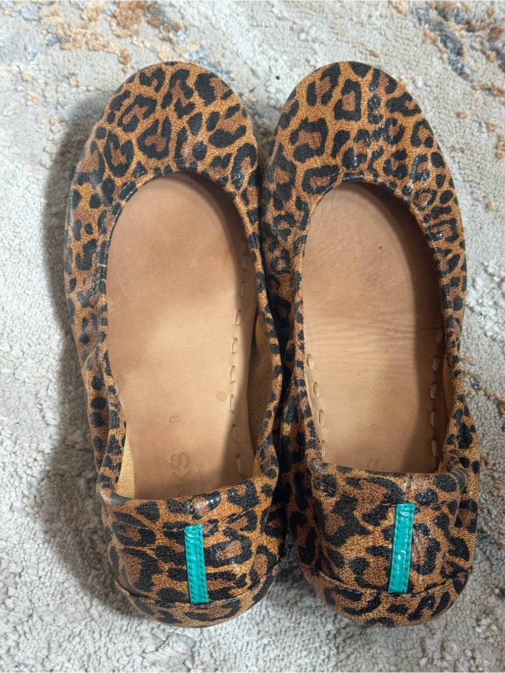 Tieks Leopard Print Ballet Flats in Brown with Teal Accent - Picture 2 of 5